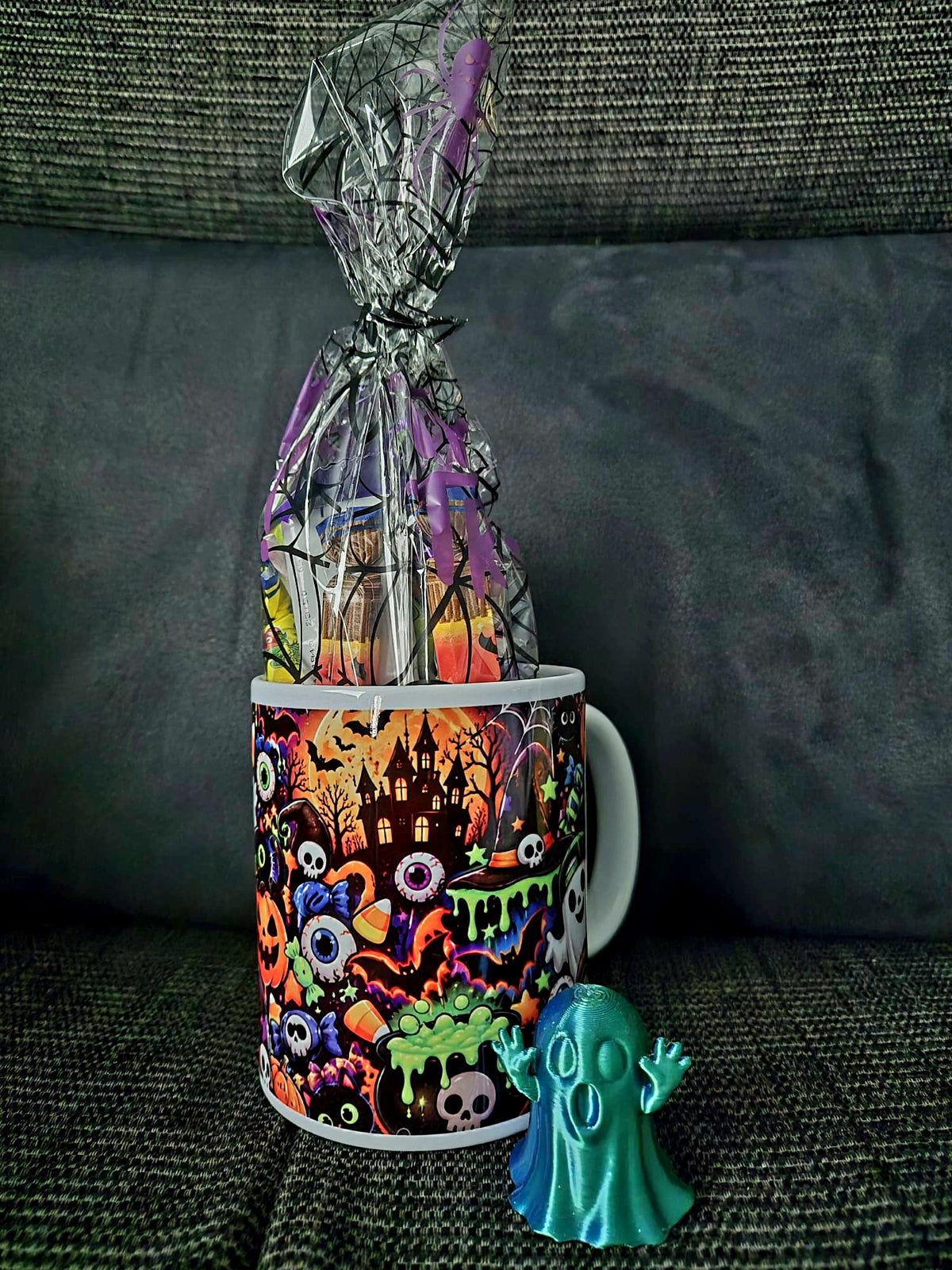 Halloween mug, sweets and a 3d printed ghost